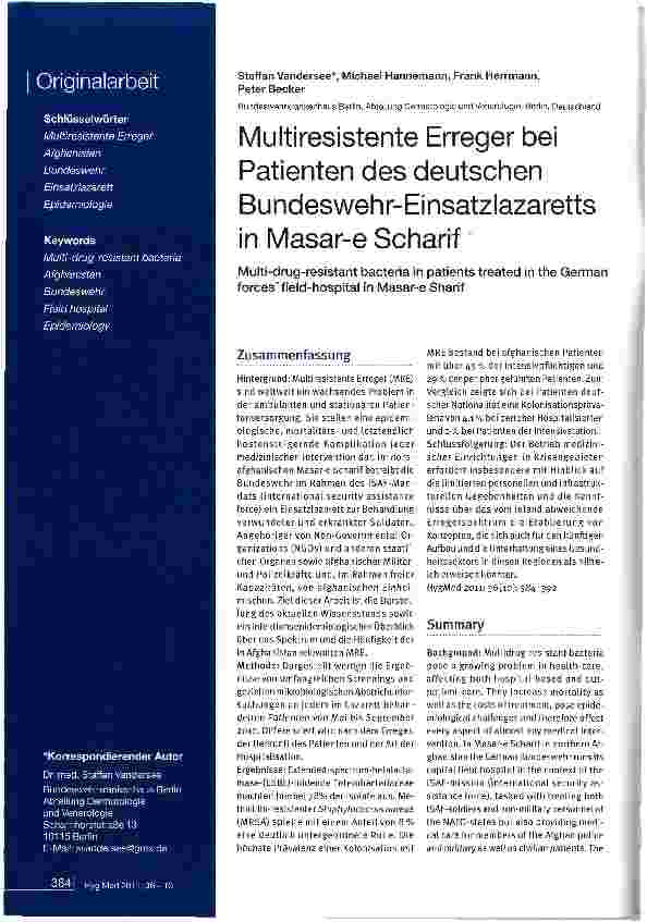 Vorschauseite 1: Multiresistente Erreger bei Patienten des deutschen Bundeswehr-Einsatzlazaretts in Masar-e Scharif