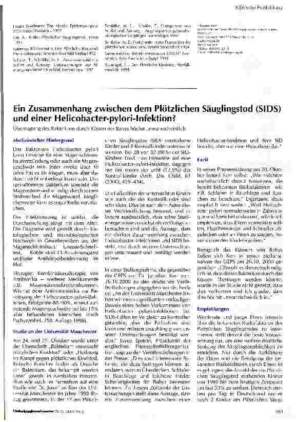 Vorschauseite 1: Ein Zusammenhang zwischen dem Plötzlichen Säuglingstod (SIDS) und einer Helicobacter-pylori-Infektion?