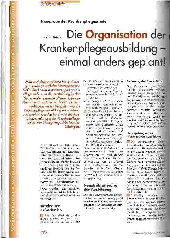 Vorschauseite 1: Die Organisation der Krankenpflegeausbildung - einmal anders geplant! Neues aus der Krankenpflegeschule