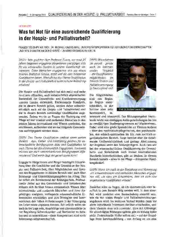 Vorschauseite 1: Was tut Not für eine ausreichende Qualifizierung in der Hospizund Palliativarbeit?