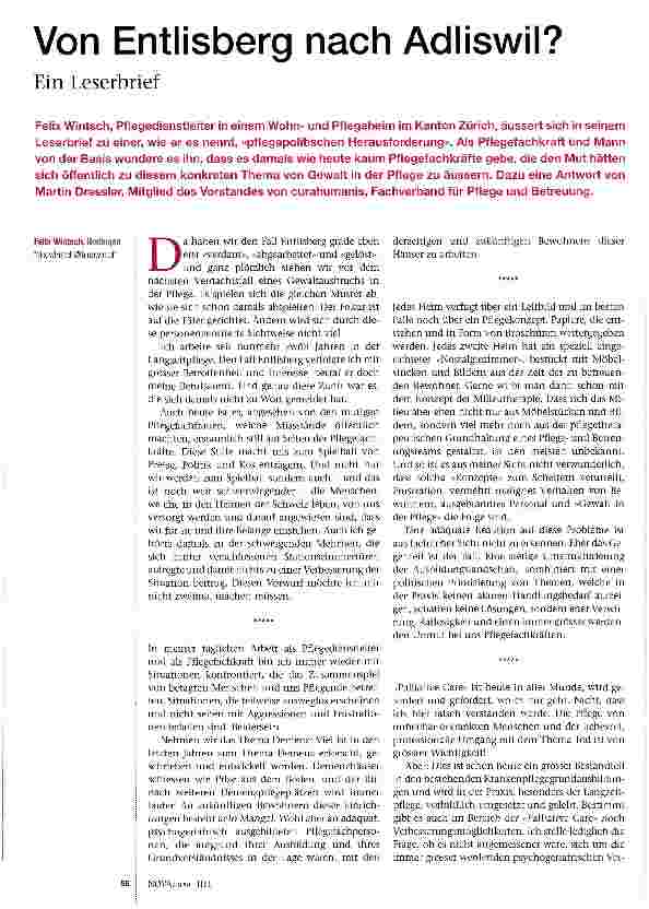 Vorschauseite 1: Von Entlisberg nach Adliswil? Ein Leserbrief