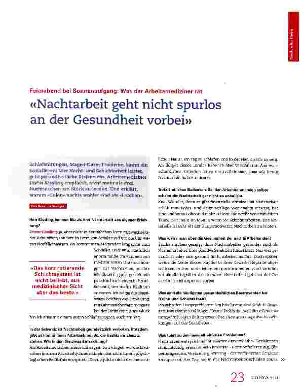 Vorschauseite 1: «Nachtarbeit geht nicht spurlos an der Gesundheit vorbei»