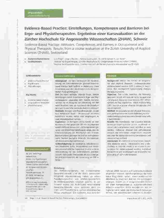 Vorschauseite 1: Evidence-Based Practice: Einstellungen, Kompetenzen und Barrieren bei Ergound Physiotherapeuten. Ergebnisse einer Kursevaluation an der Zürcher Hochschule für Angewandte Wissensch…