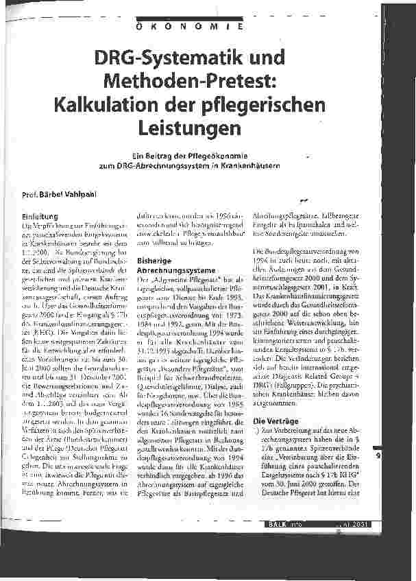 Vorschauseite 1: DRG-Systematik und Methoden-Pretest: Kalkulation der pflegerischen Leistungen Ein Beitrag der Pflegeökonomie zum DRG-Abrechnungssystem in Krankenhäusern