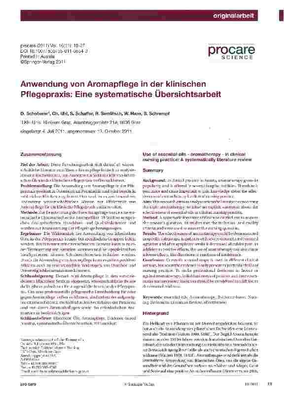 Vorschauseite 1: Anwendung von Aromapflege in der klinischen Pflegepraxis: Eine systematische Übersichtsarbeit