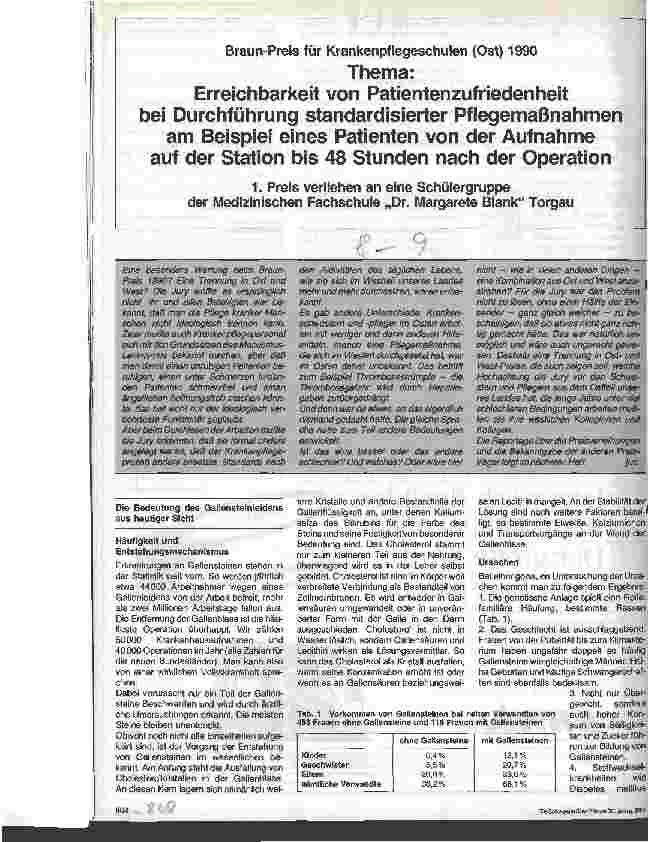 Vorschauseite 1: Braun-Preis für Krankenpflegeschulen (Ost) 1990: 1. Preis verliehen an eine Schülergruppe der Medizinischen Fachschule Dr.M. Blank
