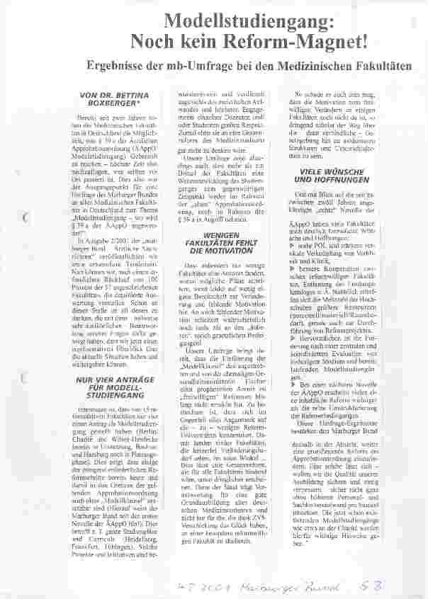 Vorschauseite 1: Modellstudiengang: Noch kein Reform-Magnet! Ergebnisse der mb-Umfrage bei den Medizinischen Fakultäten