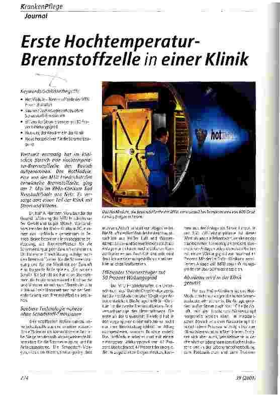 Vorschauseite 1: Erste Hochtemperatur-Brennstoffzelle in einer Klinik