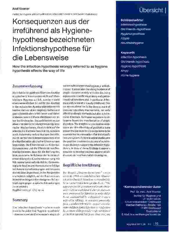 Vorschauseite 1: Konsequenzen aus der irreführend als Hygienehypothese bezeichneten Infektionshypothese für die Lebensweise