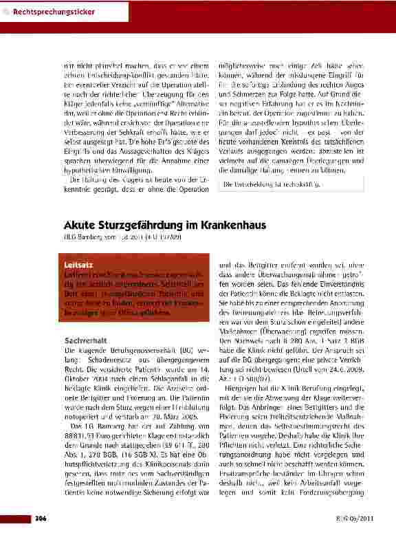 Vorschauseite 1: Akute Sturzgefährdung im Krankenhaus OLG Bamberg vom 1.8.2011 (4 U 197/09