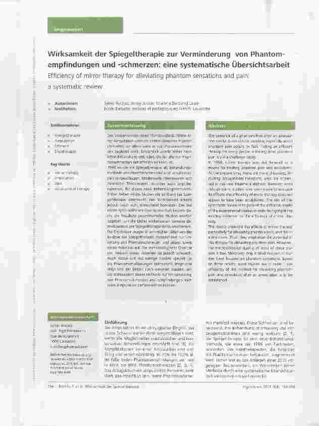 Vorschauseite 1: Wirksamkeit der Spiegeltherapie zur Verminderung von Phantomempfindungen und -schmerzen: eine systematische Übersichtsarbeit