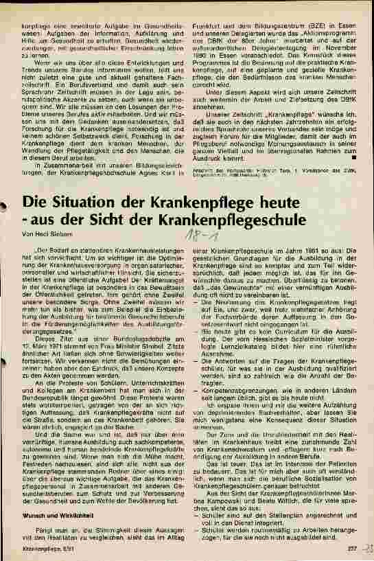 Vorschauseite 1: Die Situation der Krankenpflege heute aus der Sicht der Krankenpflegeschule