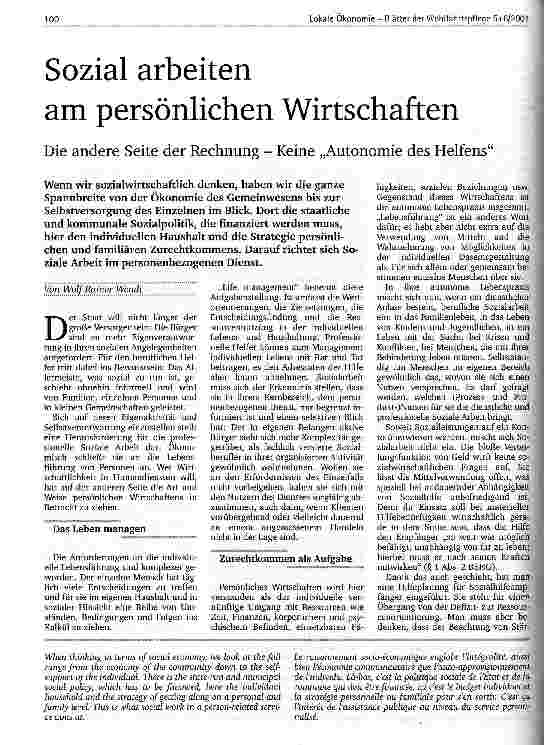 Vorschauseite 1: Sozial arbeiten am persönlichen Wirtschaften Die andere Seite der Rechnung - Keine Autonomie des Helfens