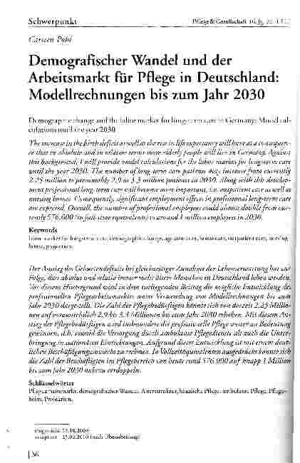 Vorschauseite 1: Demografischer Wandel und der Arbeitsmarkt für Pflege in Deutschland: Modellrechnungen bis zum Jahr 2030