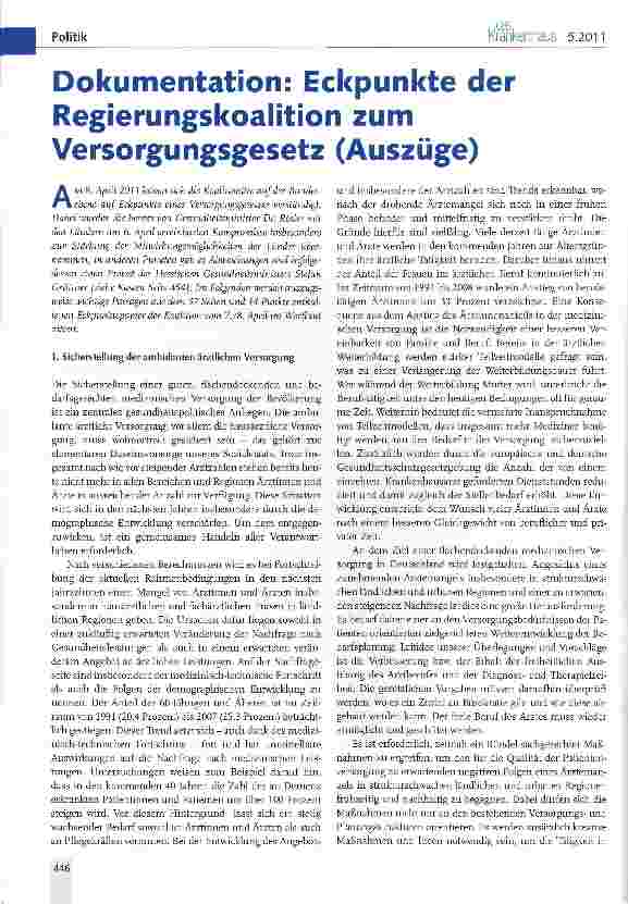 Vorschauseite 1: Dokumentation: Eckpunkte der Regierungskoalition zum Versorgungsgesetz (Auszüge)