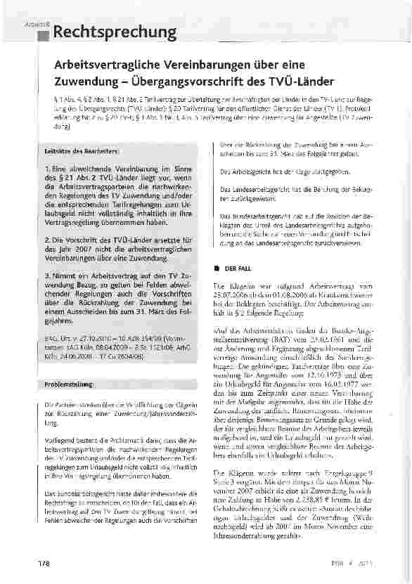 Vorschauseite 1: Arbeitsvertragliche Vereinbarungen über eine Zuwendung - Übergangsvorschrift des TVÜ-Länder