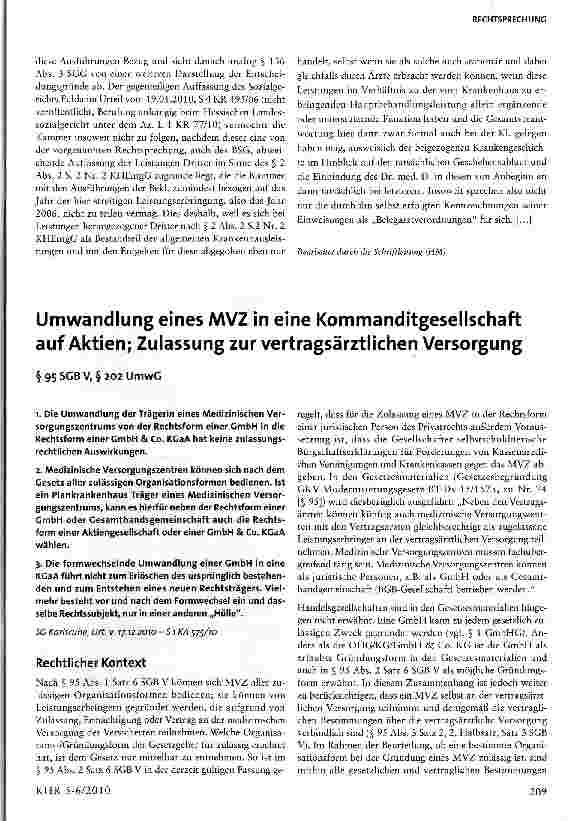 Vorschauseite 1: Umwandlung eines AAVZ in eine Kommanditgesellschaft auf Aktien; Zulassung zur vertragsärztlichen Versorgung