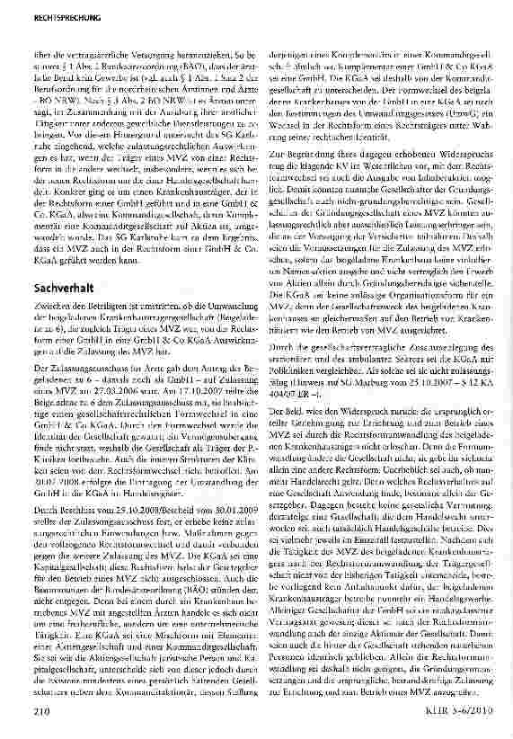 Vorschauseite 2: Umwandlung eines AAVZ in eine Kommanditgesellschaft auf Aktien; Zulassung zur vertragsärztlichen Versorgung