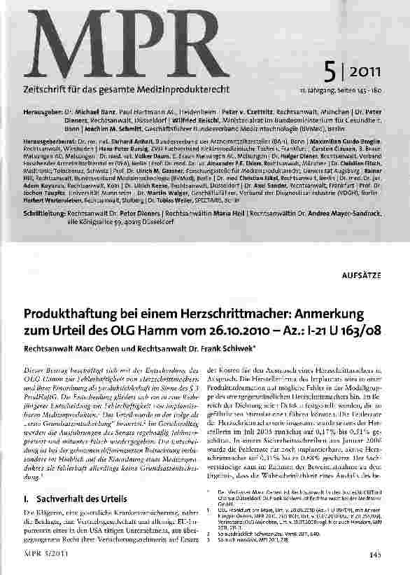 Vorschauseite 1: Produkthaftung bei einem Herzschrittmacher: Anmerkung zum Urteil des OLG Hamm vom 26.10.2010-Az.: I-21 U163/08