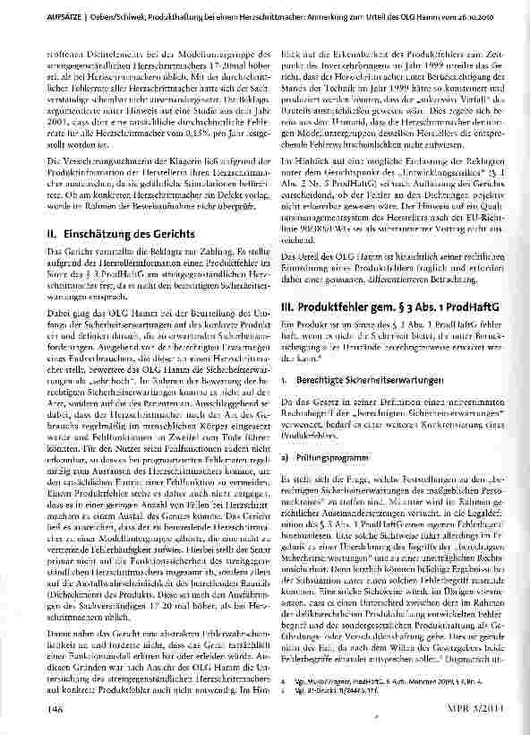 Vorschauseite 2: Produkthaftung bei einem Herzschrittmacher: Anmerkung zum Urteil des OLG Hamm vom 26.10.2010-Az.: I-21 U163/08