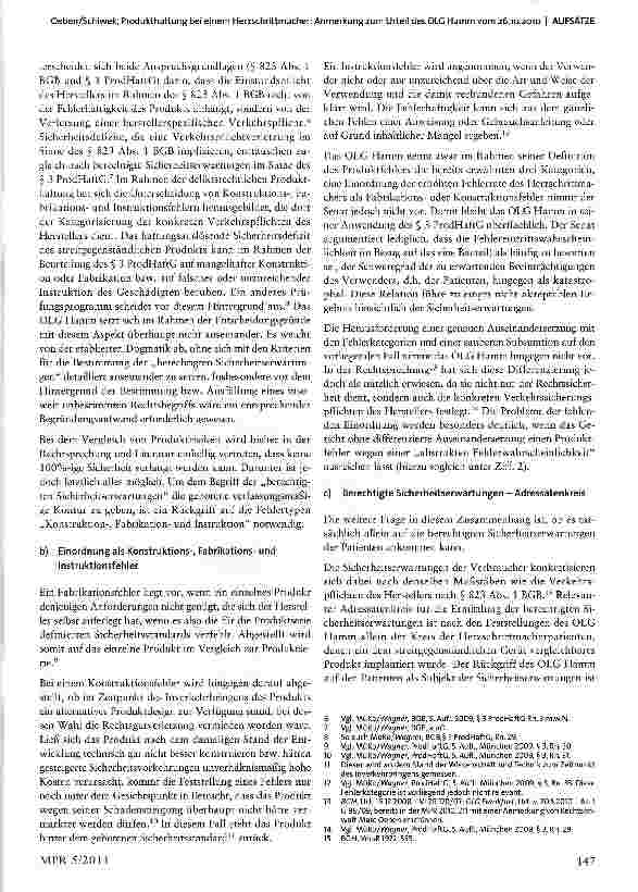Vorschauseite 3: Produkthaftung bei einem Herzschrittmacher: Anmerkung zum Urteil des OLG Hamm vom 26.10.2010-Az.: I-21 U163/08