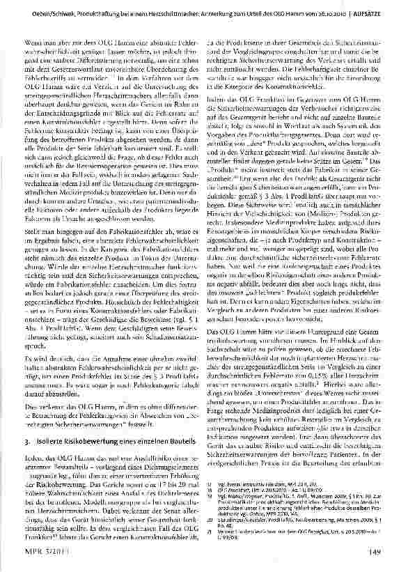Vorschauseite 5: Produkthaftung bei einem Herzschrittmacher: Anmerkung zum Urteil des OLG Hamm vom 26.10.2010-Az.: I-21 U163/08