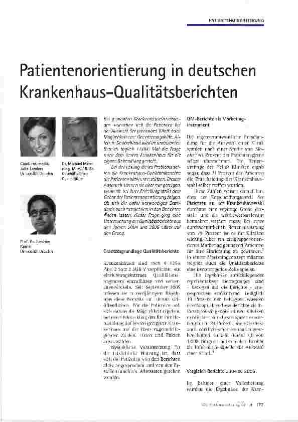 Vorschauseite 1: Patientenorientierung in deutschen Krankenhaus-Qualitätsberichten