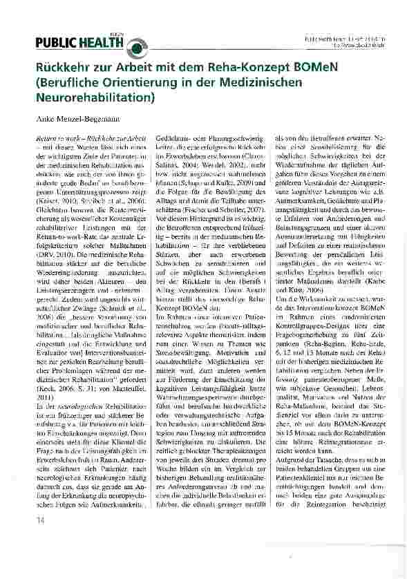 Vorschauseite 1: Rückkehr zur Arbeit mit dem Reha-Konzept BOMeN (Berufliche Orientierung in der Medizinischen Neurorehabilitation)