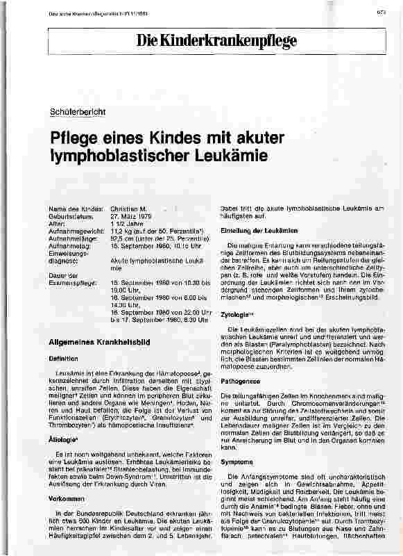 Vorschauseite 1: Pflege eines Kindes mit akuter lymphoblastischer Leukämie