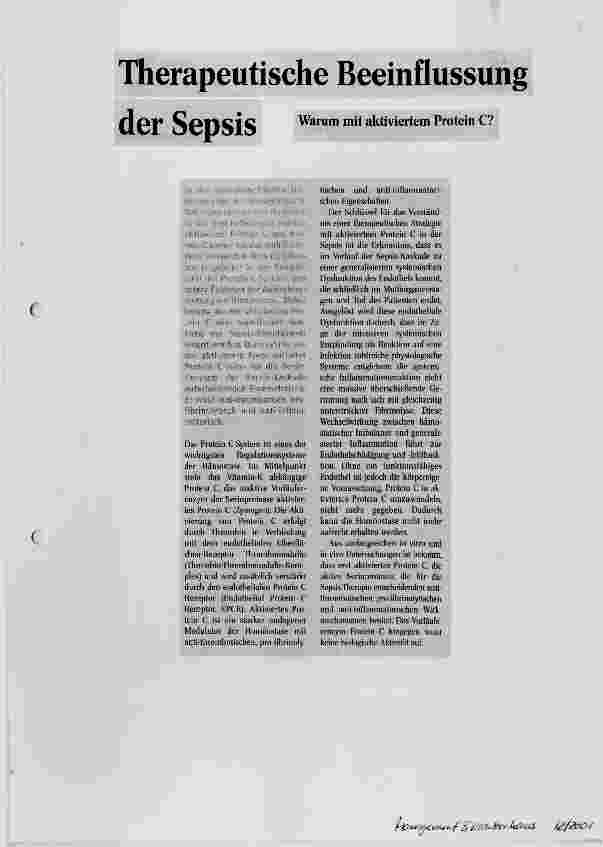 Vorschauseite 1: Therapeutische Beeinflussung der Sepsis Warum mit aktiviertem Protein C?