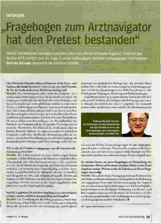 Vorschauseite 1: Fragebogen zum Arztnavigator hat den Pretest bestanden
