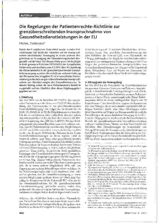 Vorschauseite 1: Die Regelungen der Patientenrechte-Richtlinie zur grenzüberschreitenden Inanspruchnahme von Gesundheitsdienstleistungen in der EU