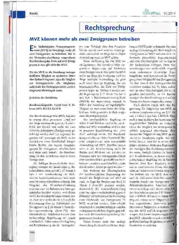 Vorschauseite 1: MVZ können mehr als zwei Zweigpraxen betreiben