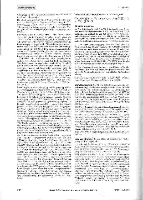 Vorschauseite 1: Altersteilzeit - Blockmodell - Urlaubsgeld TV ATZ §§3, 4; TV Urlaubsgeld Ang-O §§1, 2, 4; TV-L §§24, 37