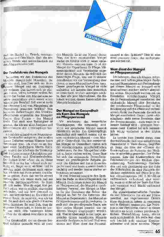Vorschauseite 2: Überlegungen zum Mangel und: Ein Plädoyer für Selbstbewußtsein Der Pflegepersonalmangel aus gesellschaftlich-existentialist. Sicht