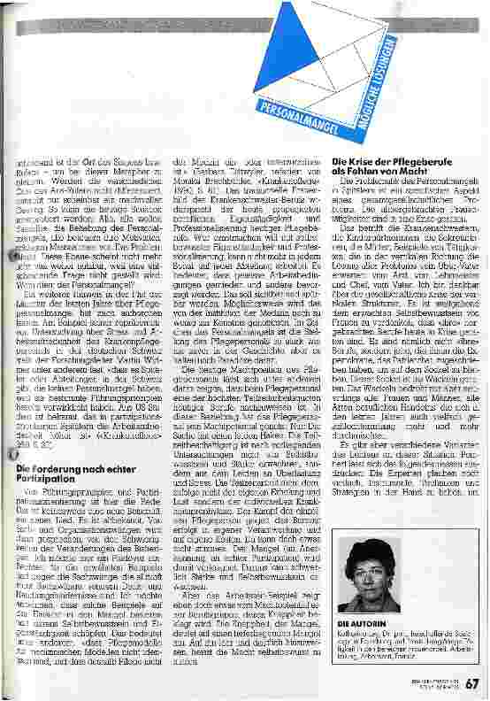 Vorschauseite 4: Überlegungen zum Mangel und: Ein Plädoyer für Selbstbewußtsein Der Pflegepersonalmangel aus gesellschaftlich-existentialist. Sicht