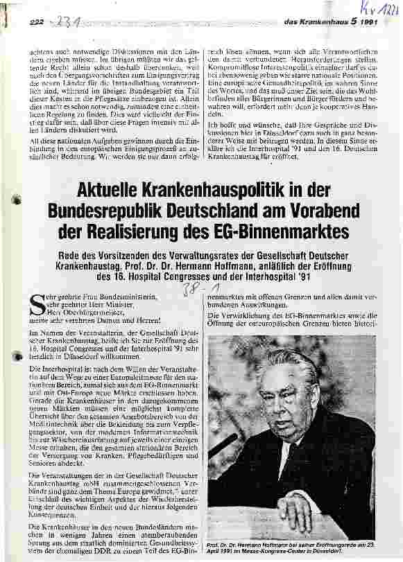 Vorschauseite 1: Aktuelle Krankenhauspolitik in der Bundesrepublik Deutschland am Vorabend der Realisierung des EG-Binnenmarktes - Rede