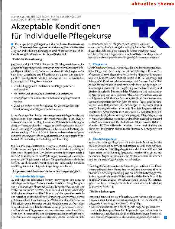 Vorschauseite 1: Akzeptable Konditionen für individuelle Pflegekurse Vereinbarungen mit der Techniker-Krankenkasse zur Schulung pflegender Angehöriger