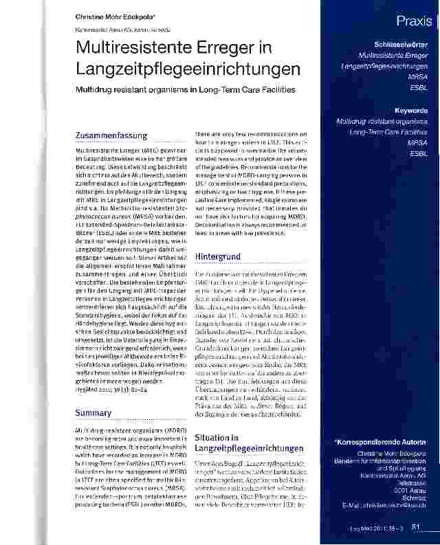 Vorschauseite 1: Multiresistente Erreger in LangzeitpflegeeinrichtungenMultidrug resistant organisms in Long-Term Care Facilities