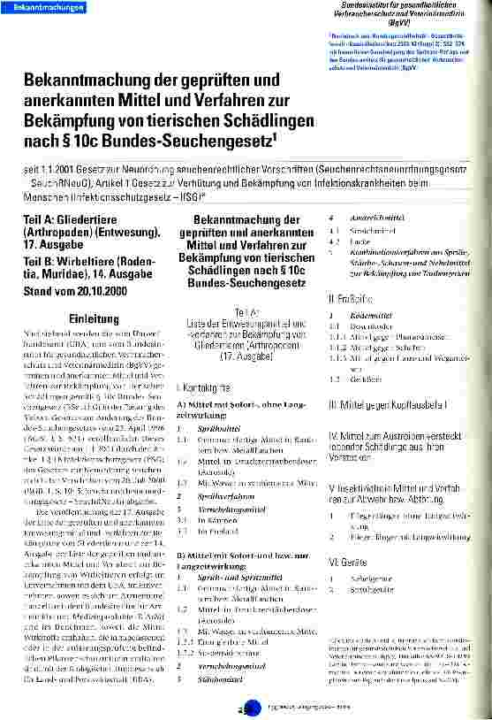 Vorschauseite 1: Bekanntmachung der geprüften und anerkannten Mittel und Verfahren zur Bekämpfung von tierischen Schädlingen