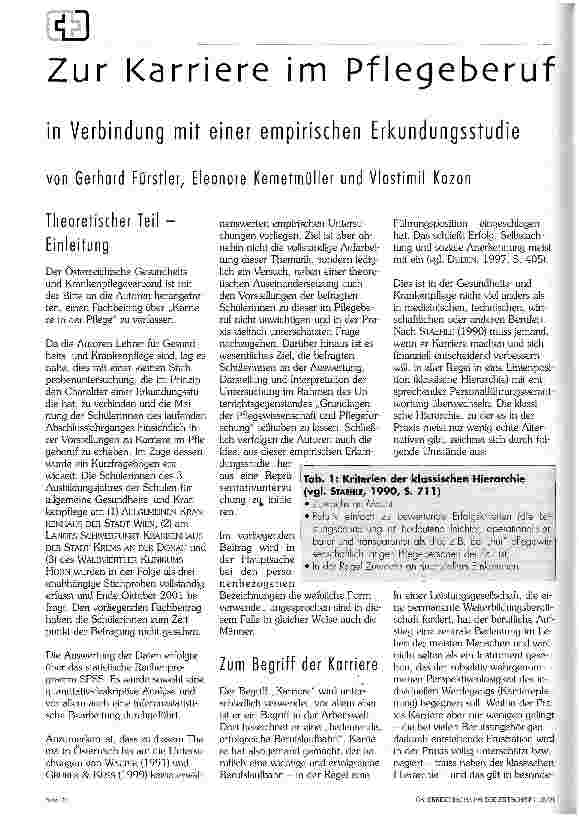 Vorschauseite 1: Zur Karriere im Pflegeberuf in Verbindung mit einer empirischen Erkundungsstudie