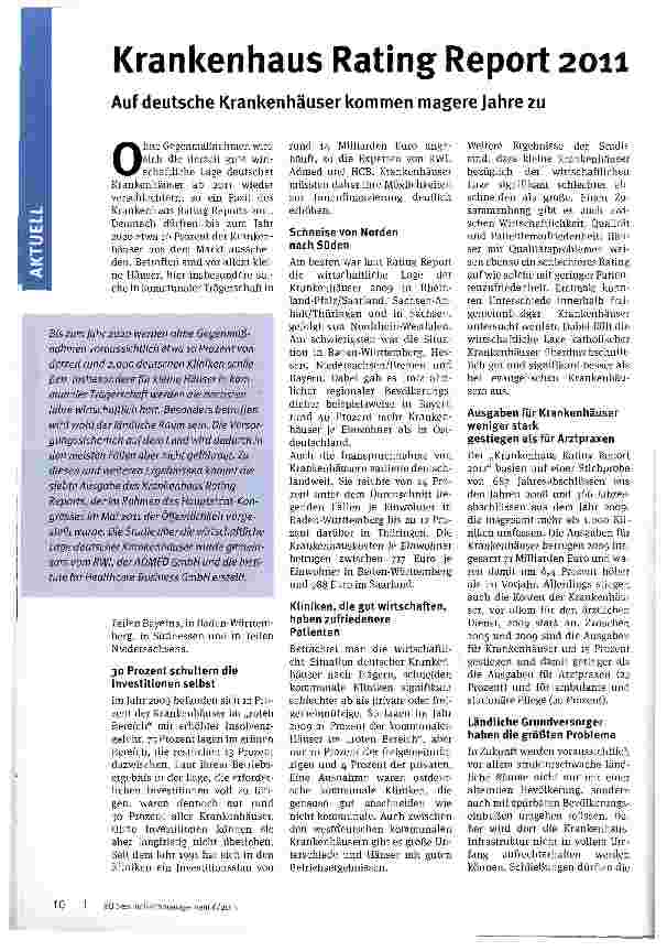 Vorschauseite 1: Krankenhaus Rating Report 2011 Auf deutsche Krankenhäuser kommen magere Jahre zu