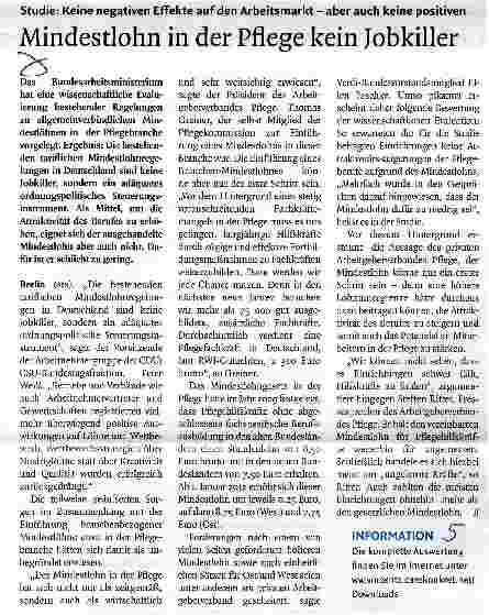 Vorschauseite 1: Mindestlohn in der Pflege kein Jobkiller
