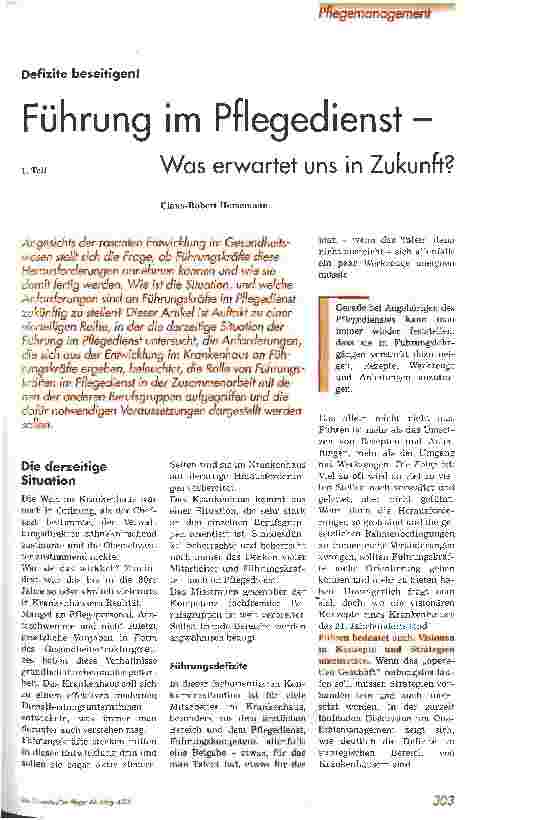 Vorschauseite 1: Führung im Pflegedienst - was erwartet uns in Zukunft? 1. Teil