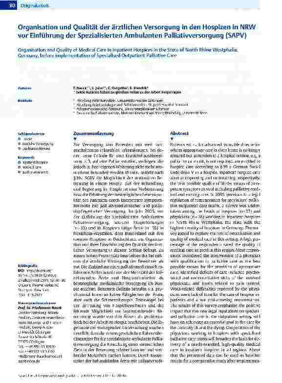 Vorschauseite 1: Organisation und Qualität der ärztlichen Versorgung in den Hospizen in NRW vor Einführung der Spezialisierten Ambulanten Palliatiwersorgung (SAPV)