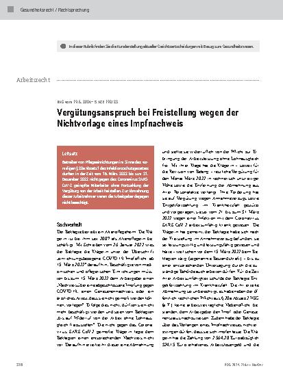 Vorschauseite 1: Vergütungsanspruch bei Freistellung wegen der Nichtvorlage eines Impfnachweises