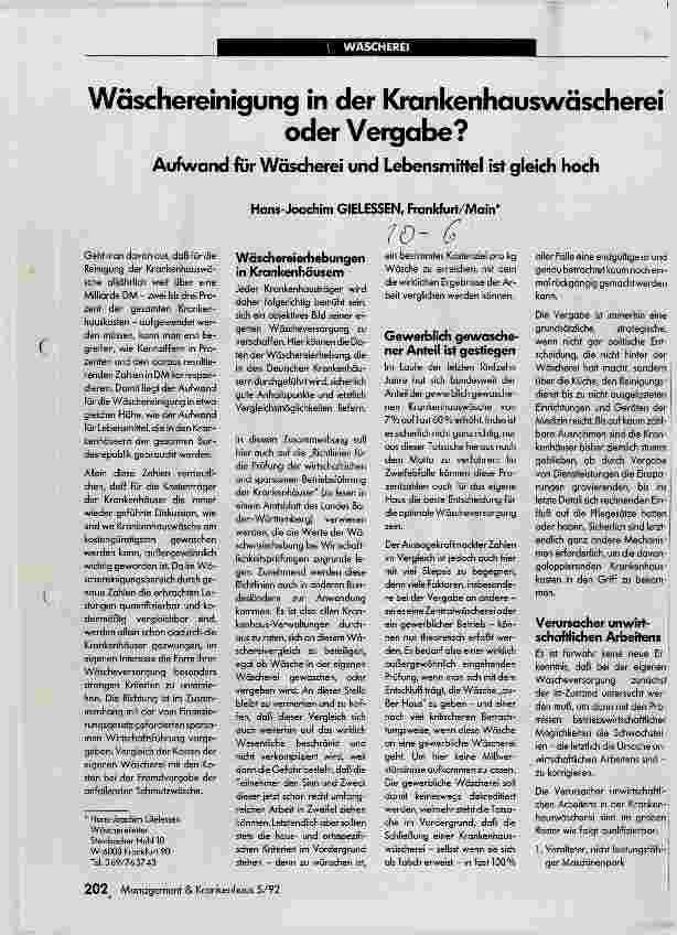 Vorschauseite 1: Wäschereinigung in der Krankenhauswäscherei oder Vergabe? Aufwand für Wäscherei und Lebensmittel ist gleich hoch