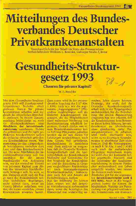 Vorschauseite 1: Gesundheitsstrukturgesetz 1993 Mitteilungen des Bundesverbandes Deutscher Privatkrankenanstalten