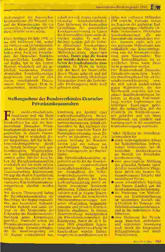 Vorschauseite 3: Gesundheitsstrukturgesetz 1993 Mitteilungen des Bundesverbandes Deutscher Privatkrankenanstalten