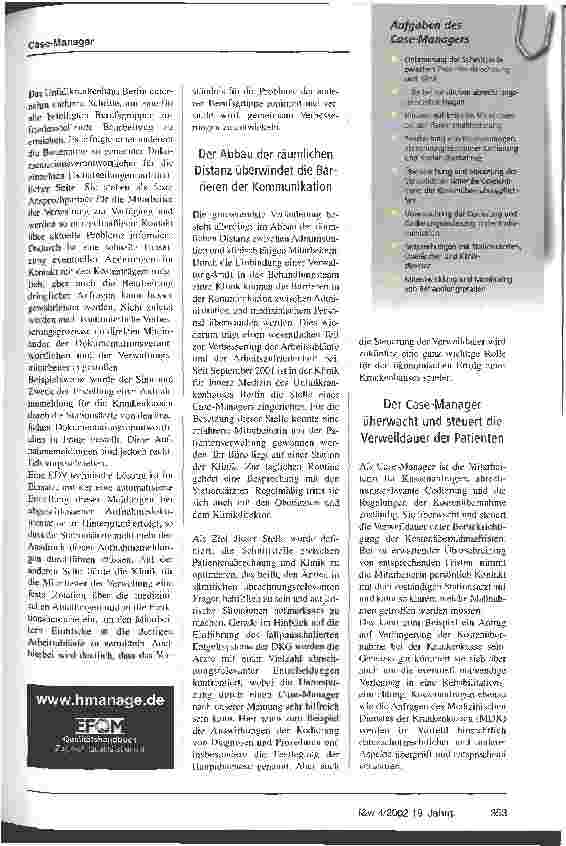 Vorschauseite 2: Der Case-Manager steigt ein, und die Verweildauer sinkt Case-Manager - ein Modell für das Krankenhaus der Zukunft